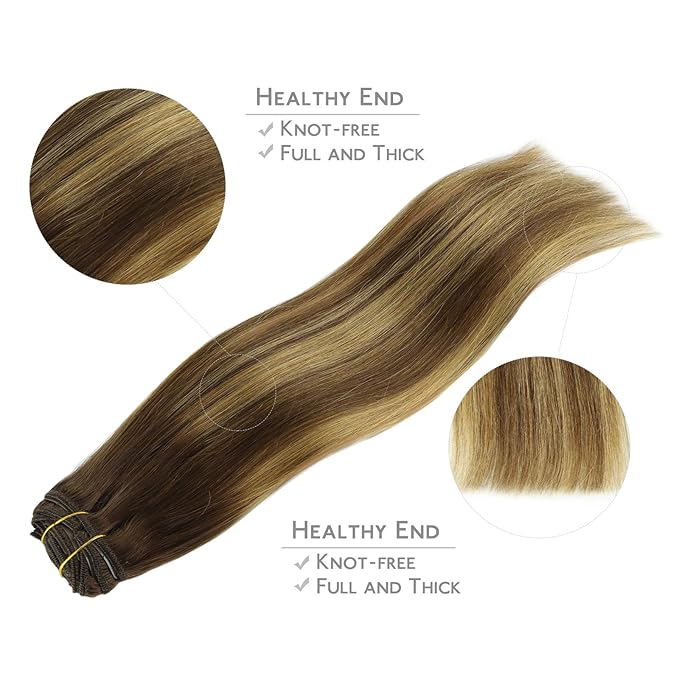 WENNALIFE Clip in Hair Extensions Real Human Hair, 20 Inch 120g 7pcs Balayage Chocolate Brown to Caramel Blonde Hair Extensions Clip in Human Hair Remy Clip in Hair Extensions Real Human Hair