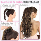ALXNAN Ponytail Extension,24 Inch Claw Clip in Long Curly Wavy Dark Brown with Golden Blonde Ponytail Hair Extension Jaw Clip on Pony Tails Hairpiece for Women