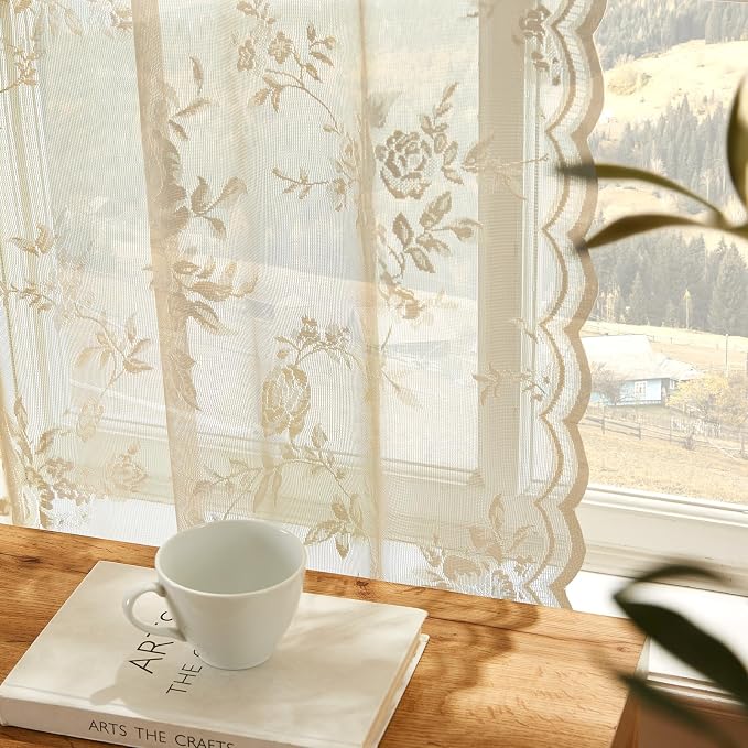 SEEKRIGHT Beige Lace Curtains 54 Inch Length Country Floral Curtains - Image 5
