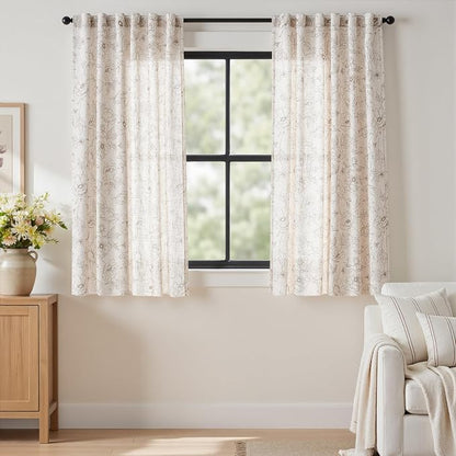 jinchan Floral Linen Curtains for Living Room 63 Inch Length Taupe Flower by JINCHAN