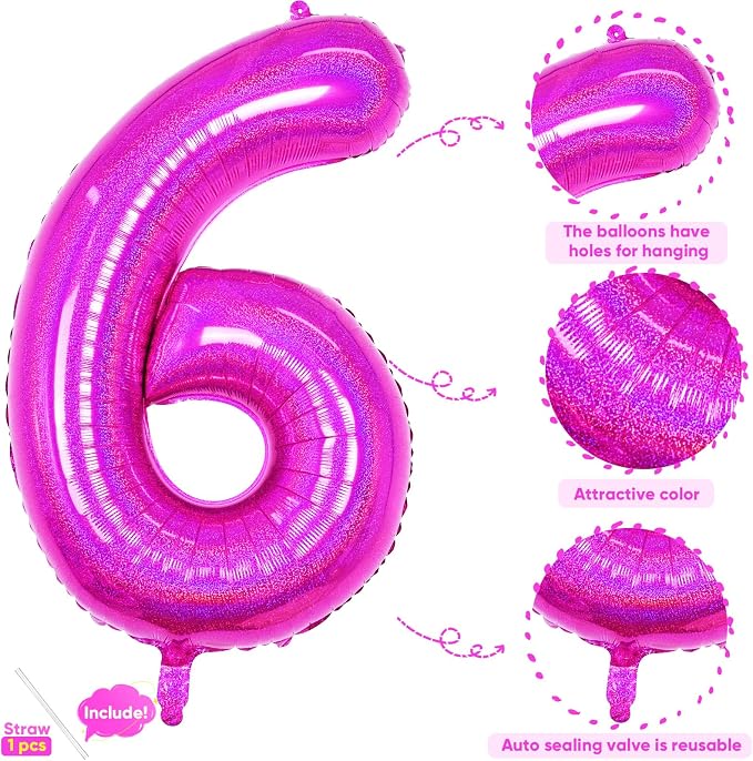 Hot Pink 6 Balloon, 40 Inch Large Laser Hot Pink Foil Helium Number Balloons 0-9 - Image 3