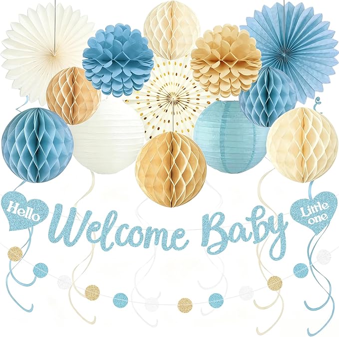 Dusty Blue Baby Shower Decorations Boy, Pre-Strung, Honeycomb Balls, Paper by Aonor