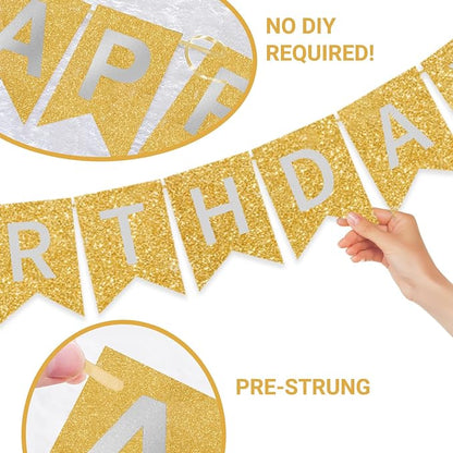 Gold Happy Birthday Banner - 16 ft Pre-Strung Gold Birthday Party Decorations - Image 5