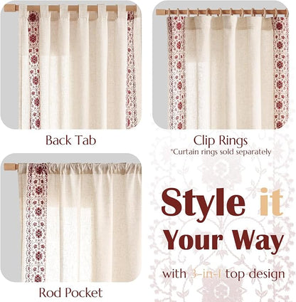 jinchan Floral Linen Curtains Embroidered Back Tab 50x84in 2 Panels Red | Light - Image 7
