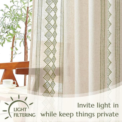 jinchan Floral Linen Curtains Embroidered Back Tab 50x96in 2 Panels Green | - Image 4