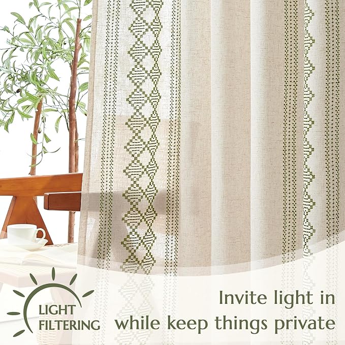 jinchan Floral Linen Curtains Embroidered Back Tab 50x63in 2 Panels Green | - Image 5