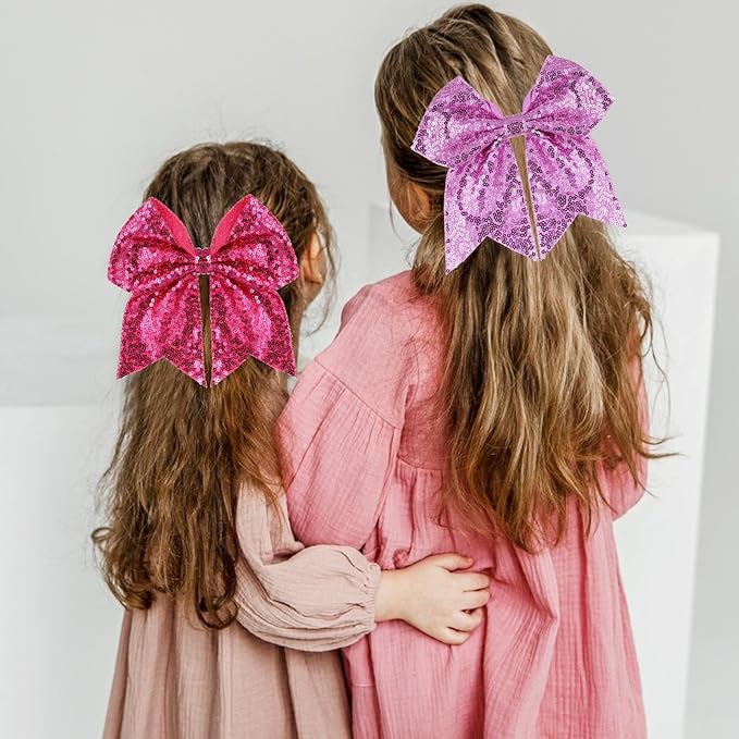 Large Big 7 Inch Glitter Bow Clip Sequin Bling Party Hair Accessories for Women Teens Girls Kids 2 Pcs (HotPink, LightPurple)