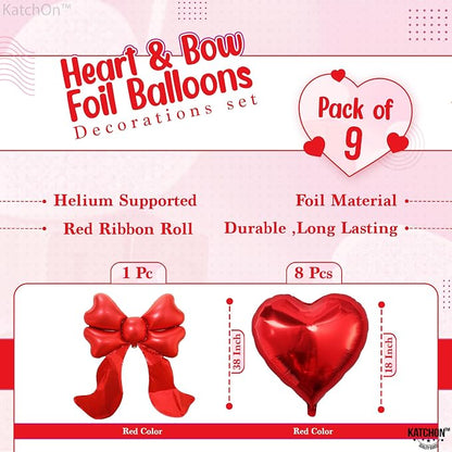 KatchOn Red Heart & Bow Foil Balloons Set, Heart Shaped Balloons Red Bow - Image 2
