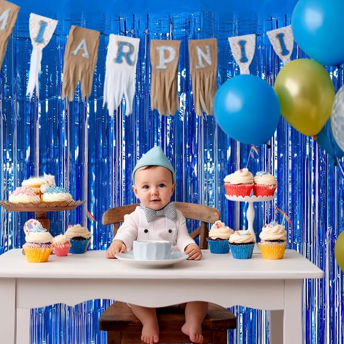 Blue Streamers Party Decorations 3.3x8.2ft, 2 Pack Dark Blue Tinsel Backdrop - Image 2
