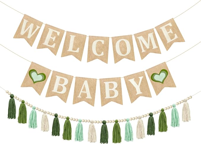 Baby Shower Burlap Pennant Banner Flag Felt Welcome Baby Sign Ombre Sage Green by pinkblume