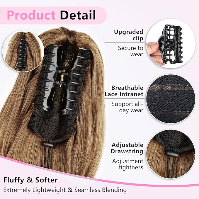 ALXNAN Ponytail Extension,24 Inch Claw Clip in Long Curly Wavy Dark Ash Blonde with Golden Ends Ponytail Hair Extension Jaw Clip on Pony Tails Hairpiece for Women