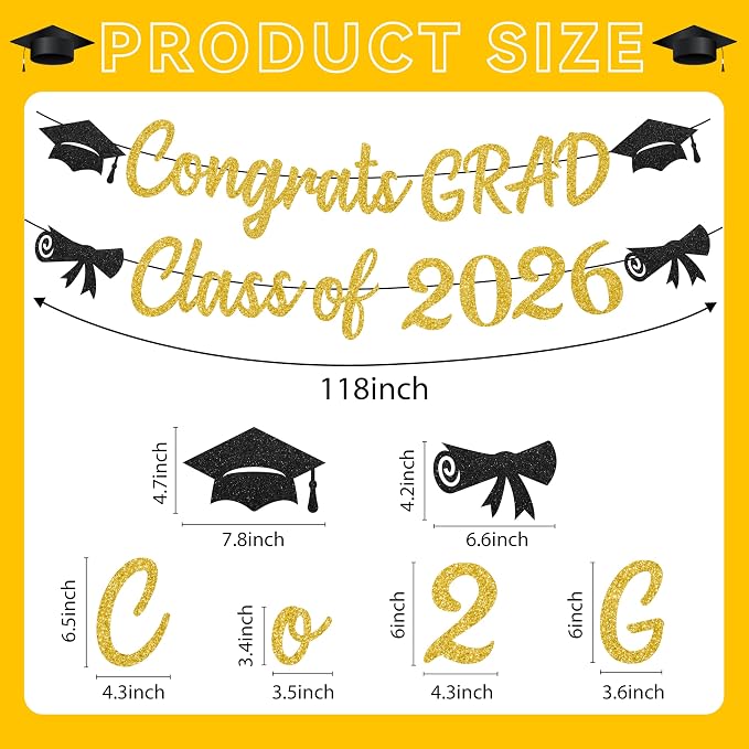 Black and Gold Graduation Banner 2026, Glitter Black and Gold Congrats Grad - Image 3