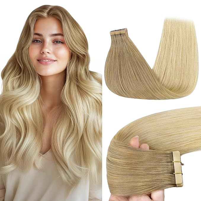 GOO GOO Tape in Hair Extensions Human Hair, O18G/22G Ombre Beige Blonde with Ash Highlights, 16inch 50g 20pcs, Skin Weft Seamless Invisible, Silky Straight with Thick Ends, Remy Human Hair