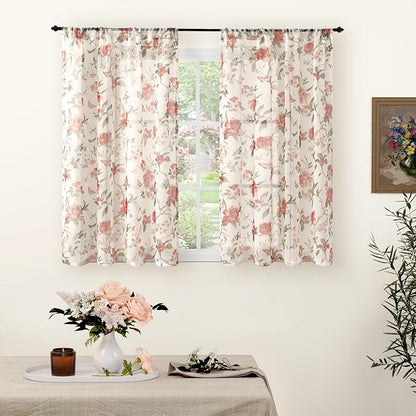 Sheer Curtains 45 Inch Length 2 Panels Set, Floral Patterned Linen Look by Lajode