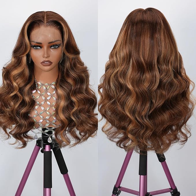 SKINLIKE HD Lace 13x4 Full Frontal Lace Wig 4/27 Honey Blonde Highlight Ombre 0.10mm Ultra-thin Invisible Swiss Lace Front Wigs Body Wave Lace Frontal Wigs Human Hair Pre Plucked Bleached Tiny Knots