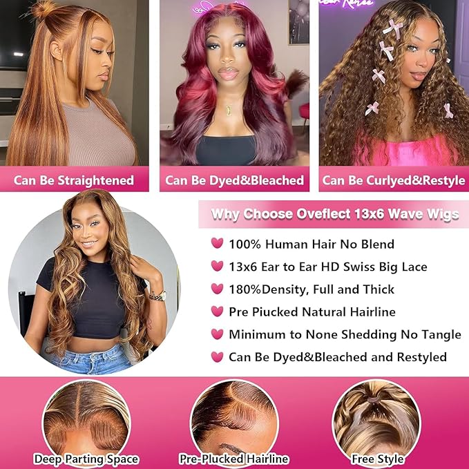 20 Inch 13x6 Lace Front Wigs Human Hair 200 Density P4/27 Highlight Ombre Body Wave HD Lace Front Wigs Human Hair Pre Plucked