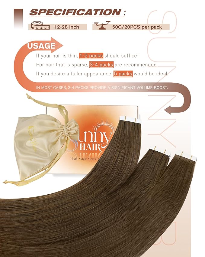 Sunny Hair Human Hair Tape in Extensions, Cool Brown Tape in Hair Extensions Human Hair 22 inch Straight Remy Tape in Human Hair Extensions 20Pcs 50g