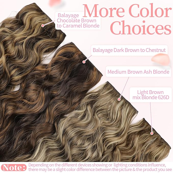 KooKaStyle Clip in Synthetic Highlight Hair Extensions Long Wavy 4PCS Thick Hairpieces Medium Brown Ash Blonde Fiber Double Weft Natural 24 Inch for Women