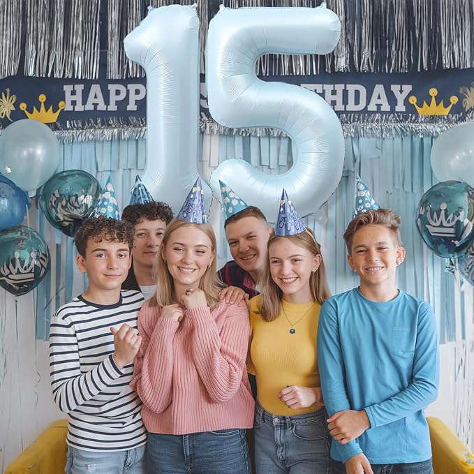 15th Birthday Balloons for Boys, Pastel Sky Blue Large Helium Mylar 15 Balloon - Image 3