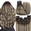 YoungSee Clip in Human Hair Extensions Brown Balayage Hair Extensions Clip ins Chocolate Brown with Ash Blonde Balayage Clip on Hair Extensions Human Hair Easy to Install 120G 7Pcs 20In