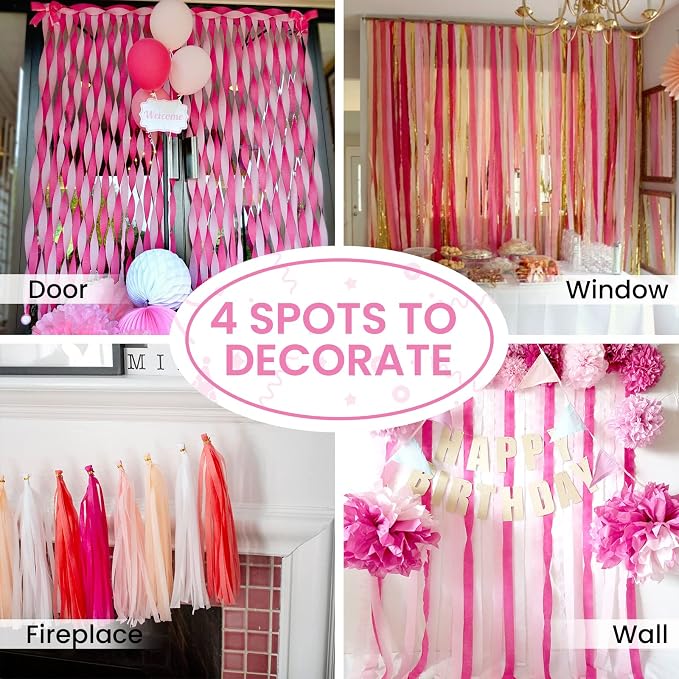 PartyWoo Pink Peach Light Hot Dark White Crepe Paper Streamers 6pcs 492 FT | - Image 5