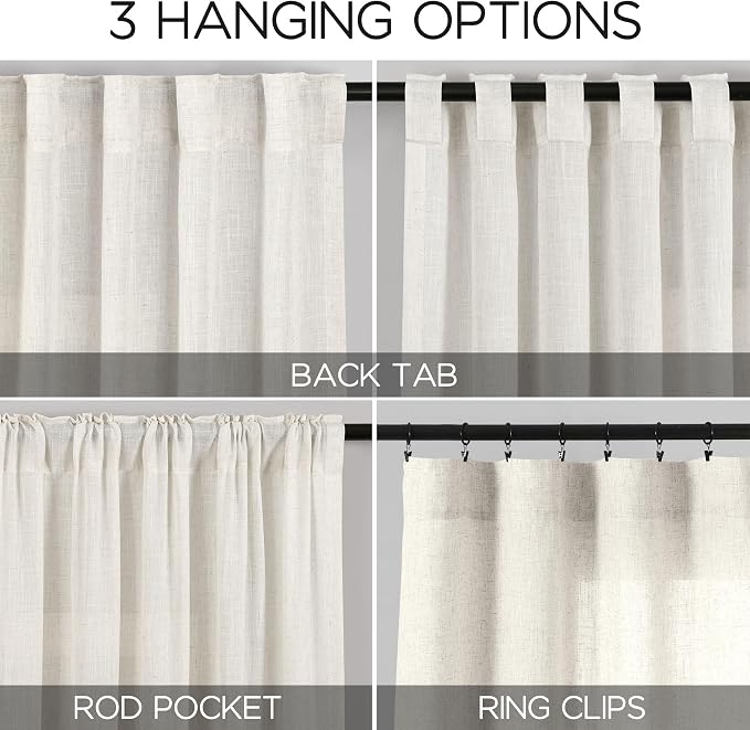Cream Linen Curtains Back Tab Sheer Curtains 90 Inches Long - Image 3