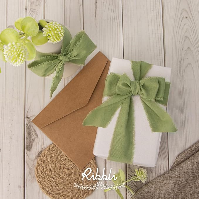 Ribbli 3 Rolls Sage Green Ribbon 1.5 Inch x 18Yards Handmade Cotton Frayed - Image 3