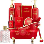 Christmas Gifts, Spa Gifts for Women, Bath and Body Gift Set, Red Rose Gift Basket Relaxation, Pampering, Thank You, Birthday Gifts for Mom Her with Perfume, Jade Roller, Quartz Gua Sha Stone & More