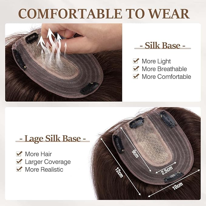 Rich Choices Hair Toppers for Women Real Human Hair 100% Human Remy Toppers NO Bangs for Women with Thinning on Top Clip in Hairpiece 4"x4.7"Lace Base 8 Inch #2 Dark Brown