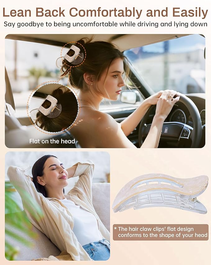 Mesovor 4 Pack French Flat Hair Clips for Women, 3.74" Nonslip Stylish Round Duckbill Lay Flat Hair Claw | Side Slide Volume Flat Hairclips for Lying Down, Yoga, Driving (Mermaid Crack)