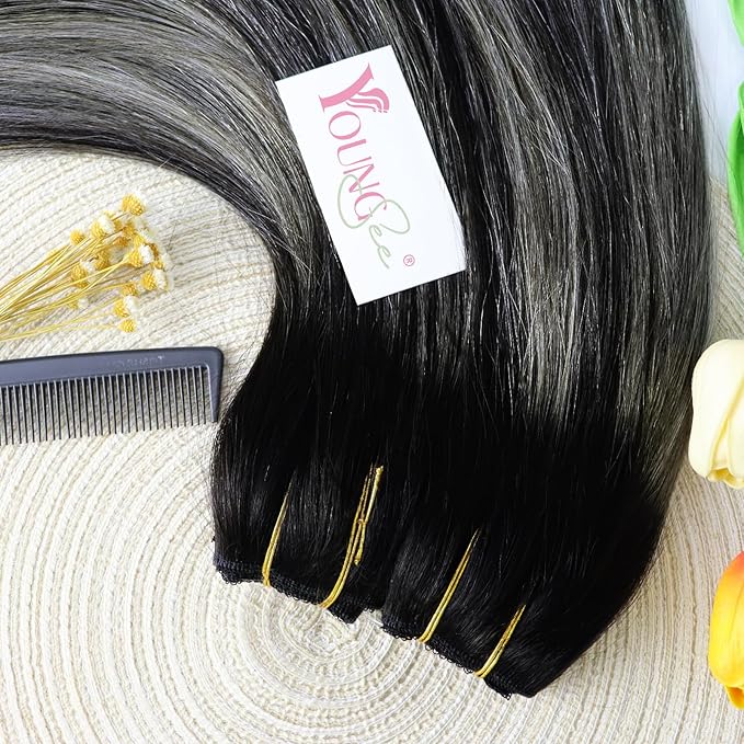 YoungSee Invisible Wire Hair Extensions Ombre Black Wire Hair Extensions Real Human Hair Balayage Black with Silver Headband Hair Extensions for Women 70G 12Inch