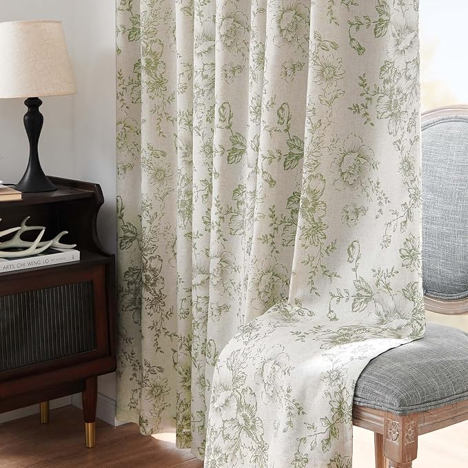 jinchan Green Floral Linen Blackout Curtains 63 Inch Back Tab 2 Panels | - Image 8