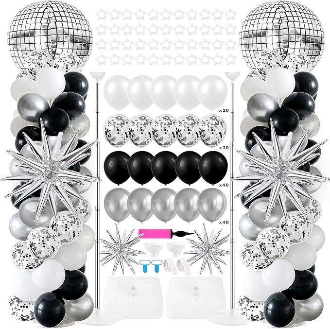 2 Sets Disco Balloon Column Stand Kits Adjustable Black and Silver Balloons by Unknown