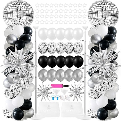 2 Sets Disco Balloon Column Stand Kits Adjustable Black and Silver Balloons by Unknown