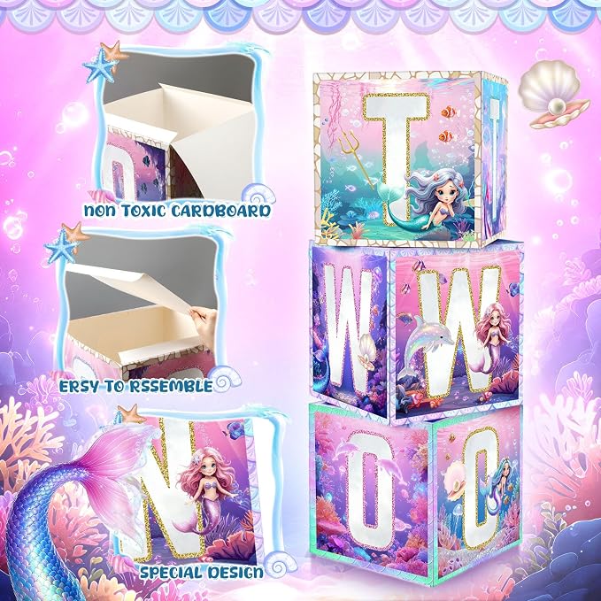 3 Pcs 2nd Mermaid Birthday Decorations Two Birthday Balloon Boxes Mermaid Party - Image 3