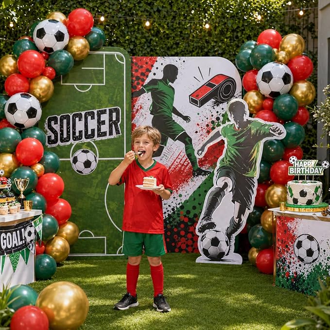 Soccer Balloons, Dark Green Red and Gold Football Theme Balloons - Image 4