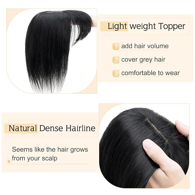 SEGO Hair Toppers for Women Real Human Hair With Bangs, 7 * 13CM Silk Base 100% Remy Human Hair Clip in Top Wiglet Hairpieces Add Volume -6 Inch Jet Black