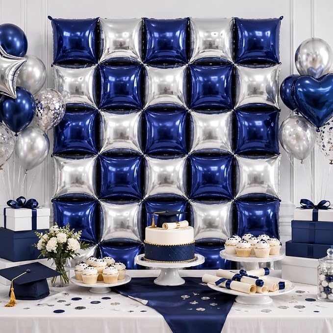 Metallic Navy Blue and Silver Double Sided Square Foil Balloons Wall, 19 Inches - Image 3