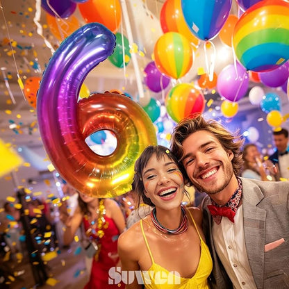 SUWEN Rainbow Number 6 Balloon 40 Inch, Big Colorful Balloons 0-9 | Large - Image 2