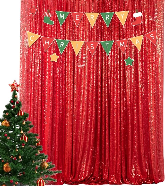 ShinyBeauty Sequin Curtain Red 4FTx8FT Sequin Photo Backdrop Red Sequin by ShinyBeauty
