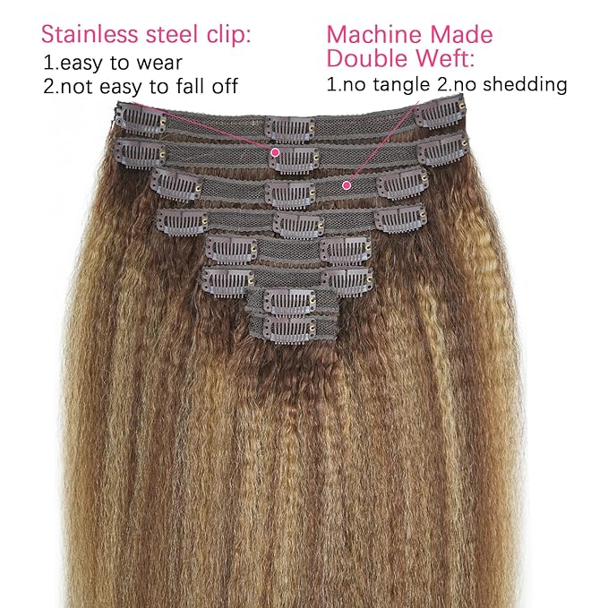 Kinky Straight Clip in Hair Extensions Real Human Highlight Clip ins For Women Unprocessed Clip on Hair Extensions(20inch,#4/27/4)