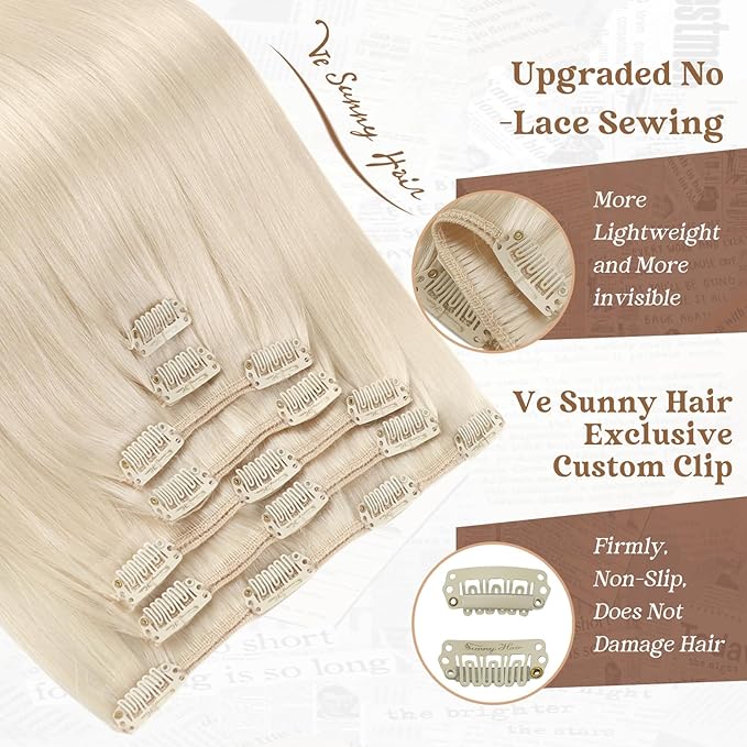 Ve Sunny Clip in Human Hair Extensions Platinum Blonde Clip in Hair Extensions Real Human Hair Clip on Extensions Human Hair Daily Use 120g 7pcs 16inch