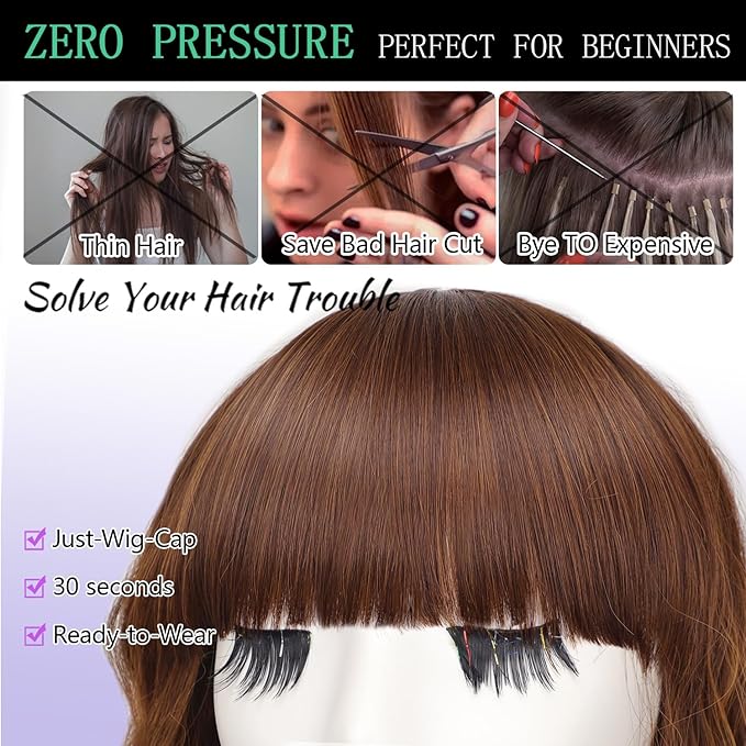 AISI HAIR Synthetic Wavy Curly Bob Wig with Bangs Ash Auburn Short Wavy Hair for Women Synthetic Heat Resistant Bob Wigs