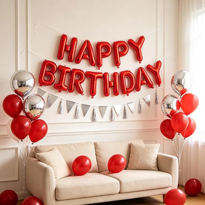 TONIFUL Red Happy Birthday Balloons Banner Decorations - Image 2