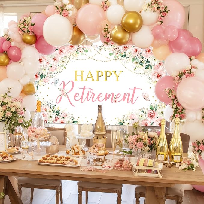 Mocsicka Happy Retirement Backdrop Pink Floral Women Retirement Banner Party - Image 2