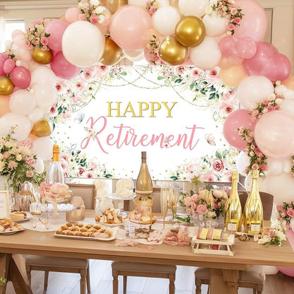 Mocsicka Happy Retirement Backdrop Pink Floral Women Retirement Banner Party - Image 2