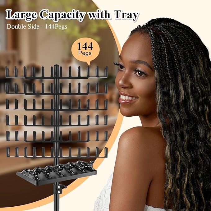 Braiding Rack with Tray, 144 Pegs Height Adjustable, 2-side Hair Extension Holder, Hair Stand with Stylist Tools for Salon/Home/Travel (Black)