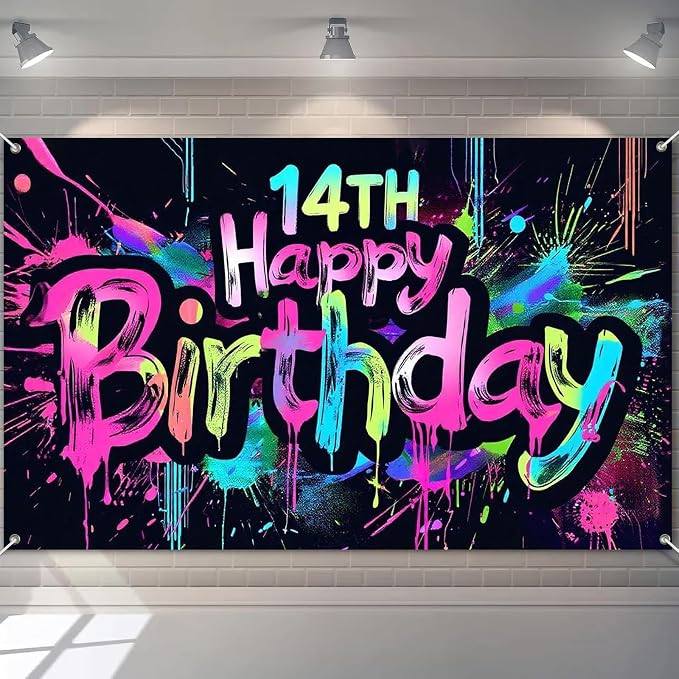 HOMETITUTE Glow in The Dark 14th Birthday Banner 71x43 Inch Colorful Paint by HOMETITUTE