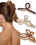 HAIMEIKANG 3 PCs Metal Acrylic Hair Bow Claw Clips - Strong Hold Non-Slip Large Gold Clips for Thick Hair