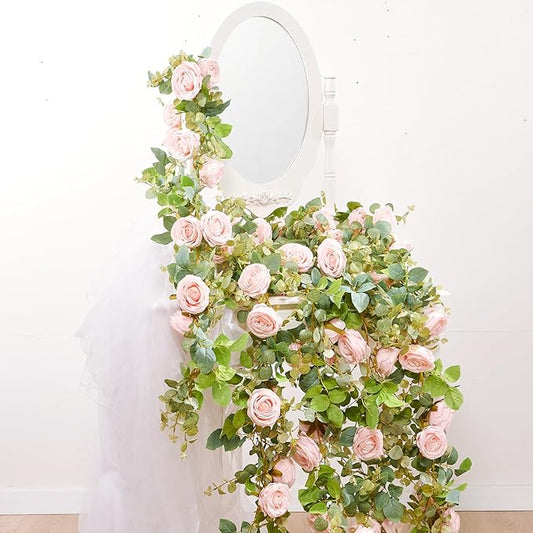 Artificial Flower Garland 2pcs 5.4ft Peony Vine, Champagne Pink Flower | by PONKING